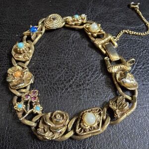VTG Signed Goldette NY Slide Charm Link Bracelet Victorian Revival 7.5" Antique